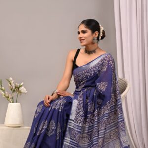 Hand block printed linen saree with blouse